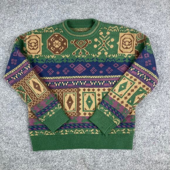 ROMWE Sweater Womens Small Green Multicolor Aztec Print Knit Crewneck - Picture 1 of 8